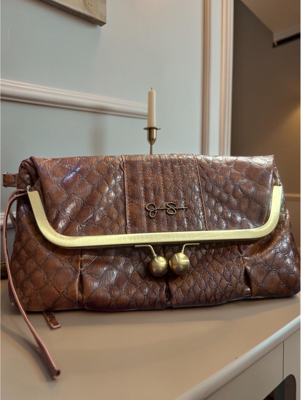 Jessica Simpson Brown Croc Embossed Kiss Lock Frame Clutch Bag Y2K Retro